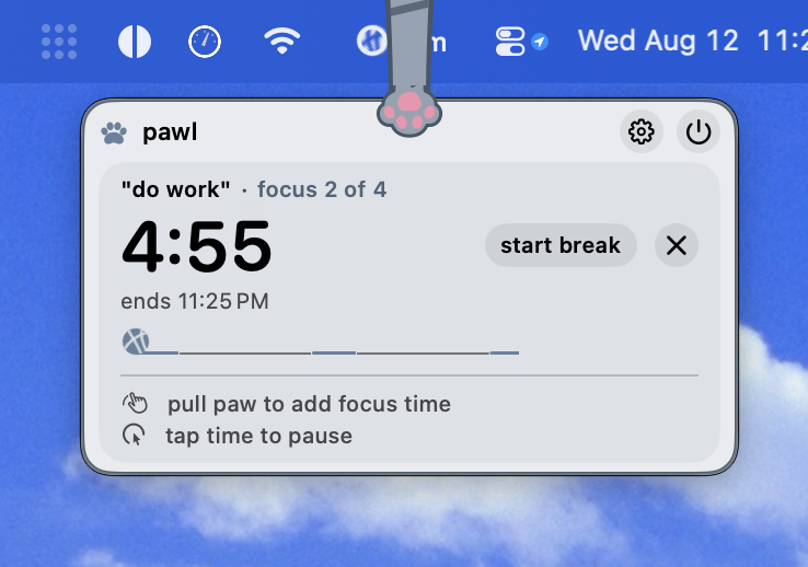 pawl showing an active focus timer from the mac menu bar