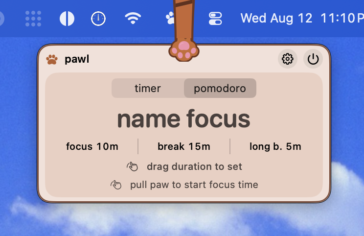 pawl timer panel open beneath a paw in the mac menu bar